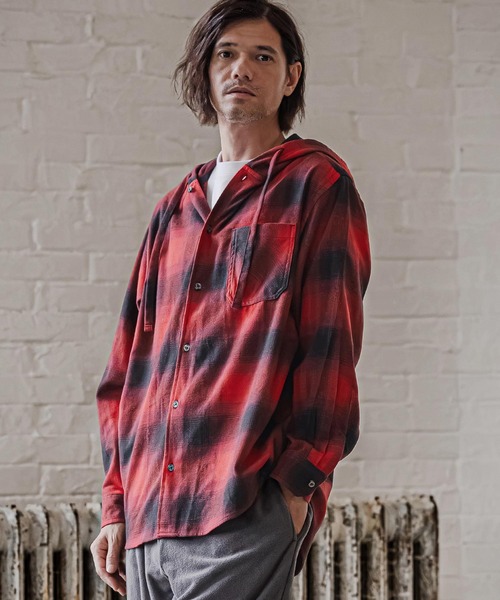 CAMBIO（カンビオ）の「ms6619- Hooded Ombre Check Flannel Shirt フーディーシャツ(AI-262-08)（シャツ/ブラウス・メンズ・ホワイト/ブラック/レッド・S/M/L）」の15枚目の写真
