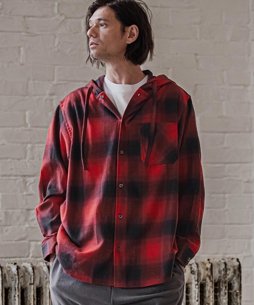 CAMBIO（カンビオ）の「ms6619- Hooded Ombre Check Flannel Shirt フーディーシャツ(AI-262-08)（シャツ/ブラウス・メンズ・ホワイト/ブラック/レッド・S/M/L）」の16枚目の写真
