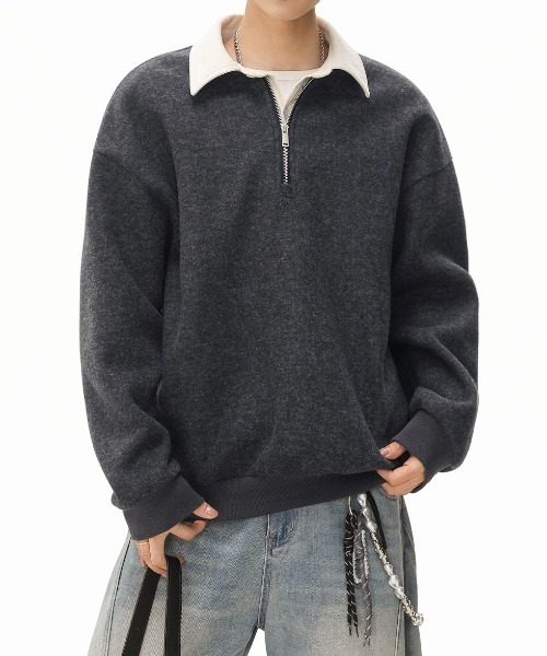 DOUBLE STEAL(ダブルスティール)の「DSバイカラーハーフジップ(スウェット・メンズ・オートミール/チャコール/ブラウン・X-LARGE/LARGE/MEDIUM)」の1枚目の写真