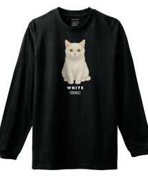 Moftique(モフティック) 長袖Tシャツ 白猫 猫 キャット ペット アニマル プリント 袖リブ ロンT トップス メンズ ユニセックス