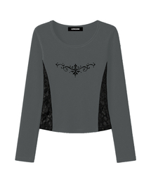 マキ レーススリムフィット長袖トップス (GRAY)