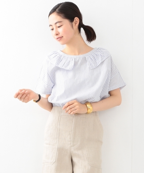 BEAMS BOY（ビームスボーイ）の「BEAMS BOY / コットンリネン フリル衿 ショートスリーブ（シャツ/ブラウス・レディース・ホワイト/ブルー/ネイビー・ONE SIZE）」の4枚目の写真