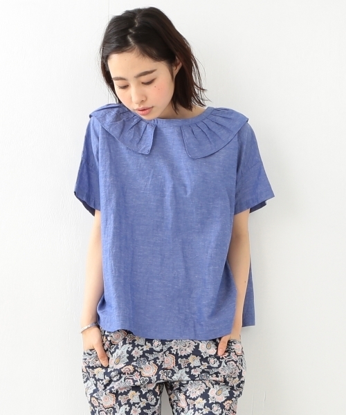 BEAMS BOY（ビームスボーイ）の「BEAMS BOY / コットンリネン フリル衿 ショートスリーブ（シャツ/ブラウス・レディース・ホワイト/ブルー/ネイビー・ONE SIZE）」の5枚目の写真