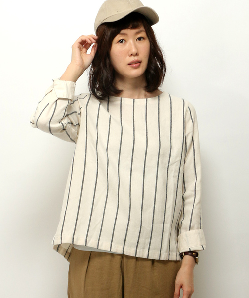 LBC（エルビーシー）の「Eコットンソフトネルストライプブラウス（シャツ/ブラウス・レディース・オフホワイト/ライトグレー・MEDIUM/LARGE）」の2枚目の写真