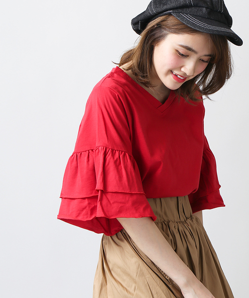 WEGO(ウィゴー)の「WEGO/ティアードラッフルスリーブカットソー(Tシャツ/カットソー・レディース・ブラック/ホワイト/イエロー/レッド/オレンジ/ターコイズブルー・LARGE/MEDIUM)」の5枚目の写真