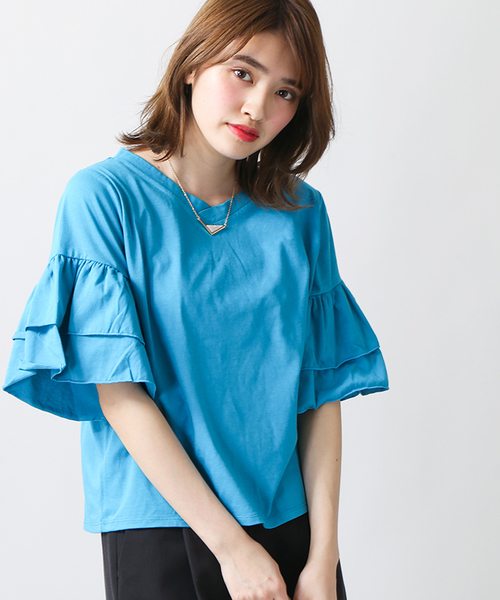 WEGO(ウィゴー)の「WEGO/ティアードラッフルスリーブカットソー(Tシャツ/カットソー・レディース・ブラック/ホワイト/イエロー/レッド/オレンジ/ターコイズブルー・LARGE/MEDIUM)」の3枚目の写真