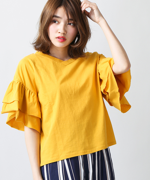 WEGO(ウィゴー)の「WEGO/ティアードラッフルスリーブカットソー(Tシャツ/カットソー・レディース・ブラック/ホワイト/イエロー/レッド/オレンジ/ターコイズブルー・LARGE/MEDIUM)」の4枚目の写真