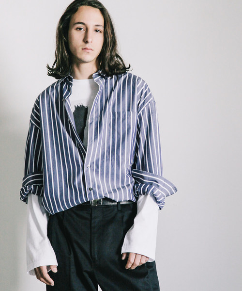 THE TWENTYSEVEN(ザ トゥエンティーセブン)の「【The TWENTYSEVEN】CTN STRIPE BIG SHIRTS L/S:コットン ストライプ ビッグ 長袖 シャツ(シャツ/ブラウス・メンズ・ベージュ/ネイビー・44/46/48)」の6枚目の写真