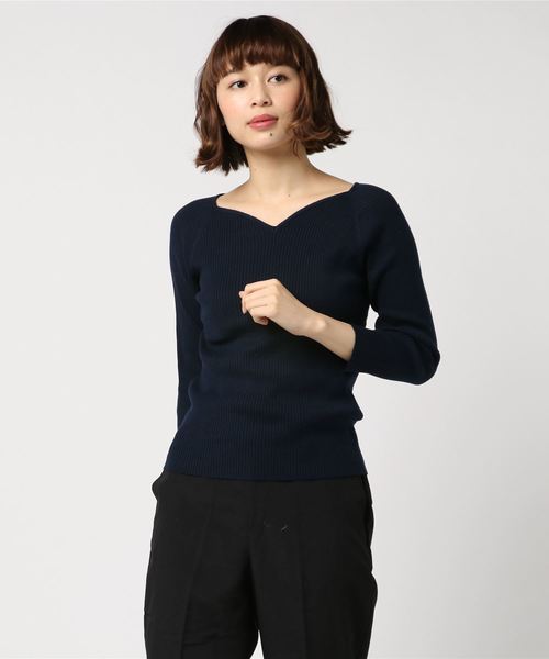12Twelve Agenda(トゥエルブ アジェンダ)の「ハートネックリブ9部袖ニットプルオーバー(ニット/セーター・レディース・オフホワイト/イエロー/ネイビー/ラベンダー/グレイッシュベージュ/ブルー・M)」の1枚目の写真
