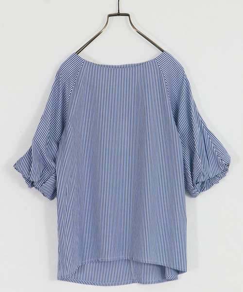 HER CLOSET(ハークローゼット)の「【HERCLOSET】バルーンスリーブストライプブラウス(シャツ/ブラウス・レディース・ブラック/サックスブルー/ネイビー・M)」の8枚目の写真