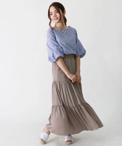 HER CLOSET(ハークローゼット)の「【HERCLOSET】バルーンスリーブストライプブラウス(シャツ/ブラウス・レディース・ブラック/サックスブルー/ネイビー・M)」の12枚目の写真