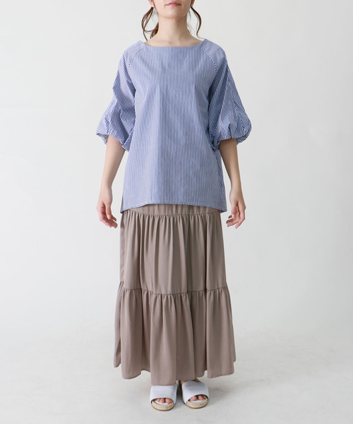HER CLOSET(ハークローゼット)の「【HERCLOSET】バルーンスリーブストライプブラウス(シャツ/ブラウス・レディース・ブラック/サックスブルー/ネイビー・M)」の15枚目の写真