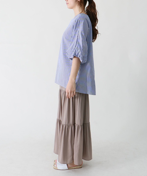 HER CLOSET(ハークローゼット)の「【HERCLOSET】バルーンスリーブストライプブラウス(シャツ/ブラウス・レディース・ブラック/サックスブルー/ネイビー・M)」の16枚目の写真