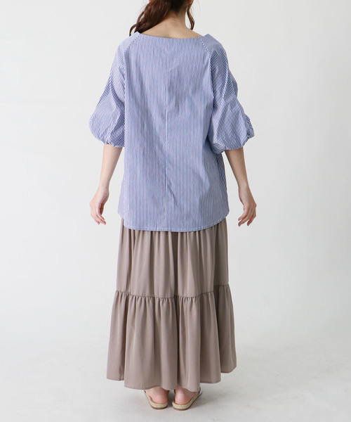 HER CLOSET(ハークローゼット)の「【HERCLOSET】バルーンスリーブストライプブラウス(シャツ/ブラウス・レディース・ブラック/サックスブルー/ネイビー・M)」の17枚目の写真