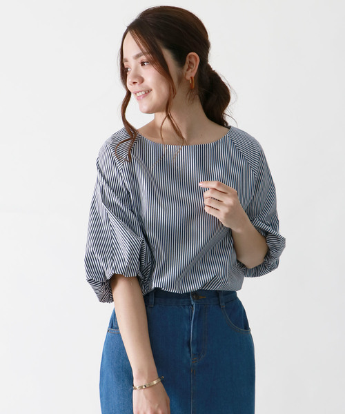 HER CLOSET(ハークローゼット)の「【HERCLOSET】バルーンスリーブストライプブラウス(シャツ/ブラウス・レディース・ブラック/サックスブルー/ネイビー・M)」の19枚目の写真