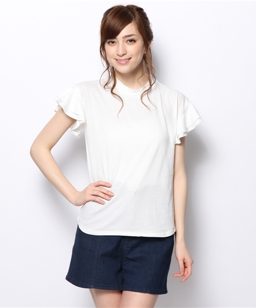 mystic(ミスティック)の「ハイネック袖フリルティー(Tシャツ/カットソー・レディース・オフホワイト/ベージュ/グレー/ブラック・フリ-)」の1枚目の写真