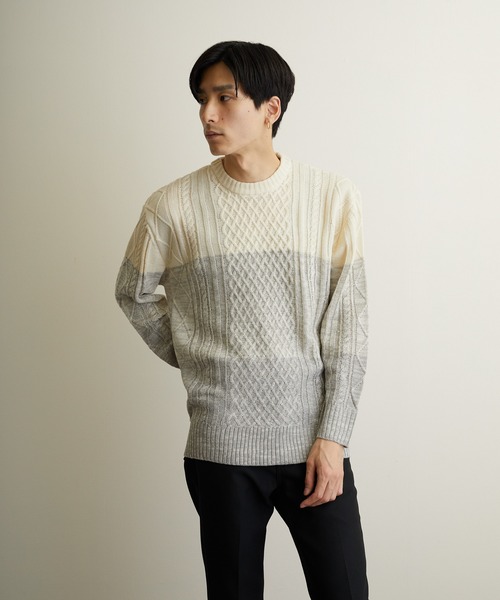 VIBGYOR(ヴィブジョー)の「VIBGYOR Select/ケーブルクルーネックニット(BL)(ニット/セーター・メンズ・ブラック/アイボリー/ホワイト系その他/ブラック系その他/杢グレー/ベージュ系その他/パープル系その他/ワイン・MEDIUM/LARGE/X-LARGE)」の3枚目の写真
