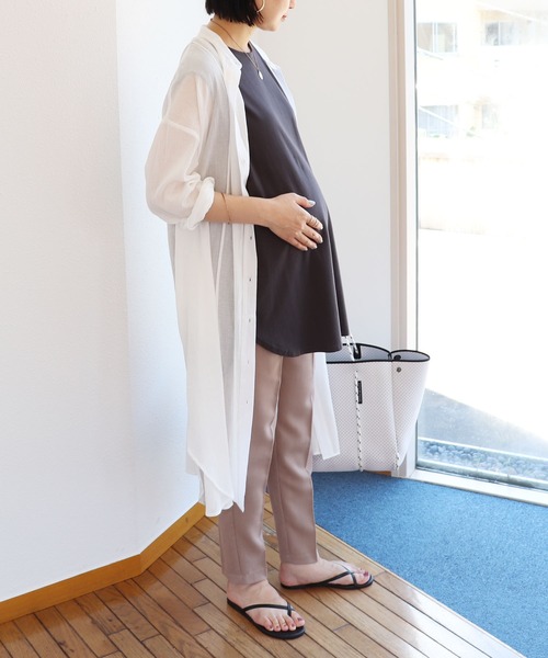 きれいめツイル美脚マタニティタックテーパードパンツセンタープレスパンツウエストゴム