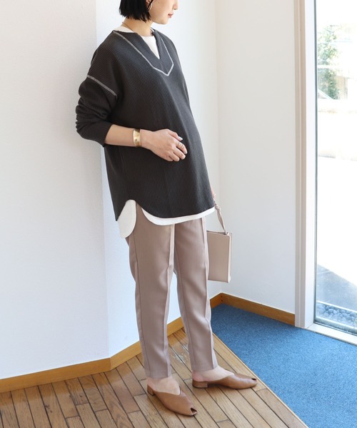 きれいめツイル美脚マタニティタックテーパードパンツセンタープレスパンツウエストゴム