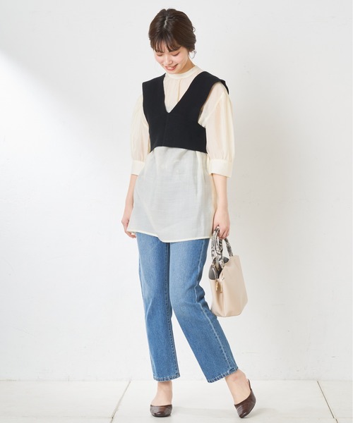 natural couture（ナチュラルクチュール）の「シアーシャツ+ニットビスチェセット（シャツ/ブラウス・レディース・ブラック/ベージュ/アイボリー・FREE）」の7枚目の写真