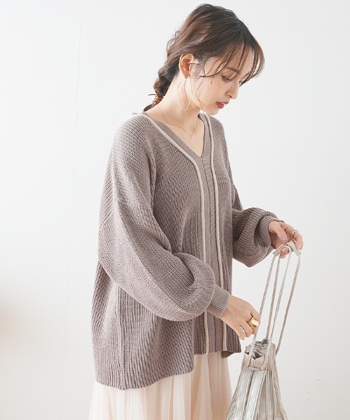 Futier land(フューティアランド)の「配色パイピングVネックニットプルオーバー(カーディガン/ボレロ・レディース・ライトグリーン/アイボリー/グレイッシュベージュ・FREE)」の20枚目の写真