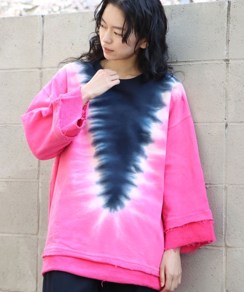 CAL O LINE（キャルオーライン）の「CAL O LINE/キャルオーライン TIE DYE CUT-OFF SWEAT タイダイ柄 スウェット トレーナー（スウェット・メンズ・ネイビー/グリーン・M/L/XL）」の4枚目の写真
