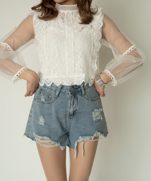 yuue' ( wear )（ユーイ）の「シースルーロングスリーブレーストップス（シャツ/ブラウス・レディース・ピンク/アイボリー/グリーン/ホワイト・FREE）」の5枚目の写真