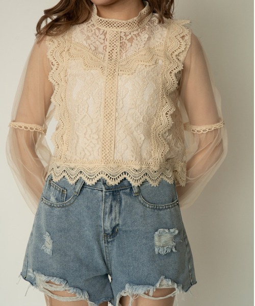 yuue' ( wear )（ユーイ）の「シースルーロングスリーブレーストップス（シャツ/ブラウス・レディース・ピンク/アイボリー/グリーン/ホワイト・FREE）」の8枚目の写真