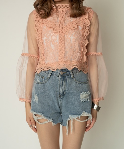 品多く yuue' ( wear )（ユーイ）の「シースルーロングスリーブレース トップス