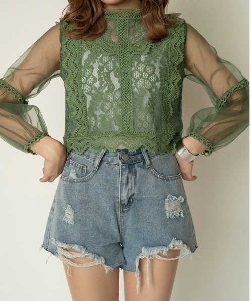 yuue' ( wear )（ユーイ）の「シースルーロングスリーブレーストップス（シャツ/ブラウス・レディース・ピンク/アイボリー/グリーン/ホワイト・FREE）」の15枚目の写真