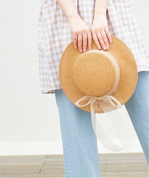 OLIVE des OLIVE(オリーブデオリーブ)の「オーガンリボンカンカン帽(ハット・レディース・ブラウン/オフホワイト・FREE)」の4枚目の写真