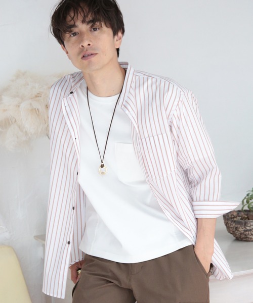 UNION STATION（ユニオンステーション）の「七分袖ストライプバンドカラーシャツ（シャツ/ブラウス・メンズ・サックスブルー/ホワイト系その他/レッド系その他/ブルー系その他・LL/M/L）」の4枚目の写真