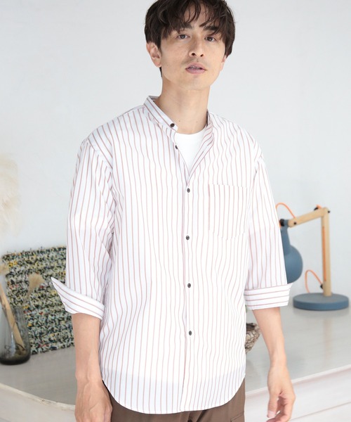 UNION STATION（ユニオンステーション）の「七分袖ストライプバンドカラーシャツ（シャツ/ブラウス・メンズ・サックスブルー/ホワイト系その他/レッド系その他/ブルー系その他・LL/M/L）」の17枚目の写真