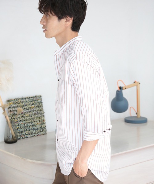 UNION STATION（ユニオンステーション）の「七分袖ストライプバンドカラーシャツ（シャツ/ブラウス・メンズ・サックスブルー/ホワイト系その他/レッド系その他/ブルー系その他・LL/M/L）」の18枚目の写真