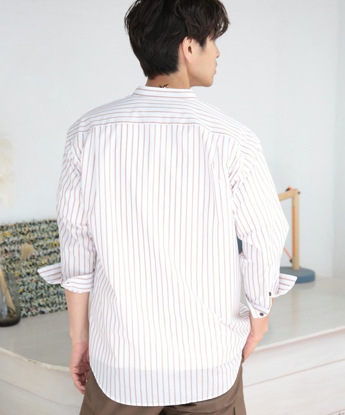 UNION STATION（ユニオンステーション）の「七分袖ストライプバンドカラーシャツ（シャツ/ブラウス・メンズ・サックスブルー/ホワイト系その他/レッド系その他/ブルー系その他・LL/M/L）」の19枚目の写真