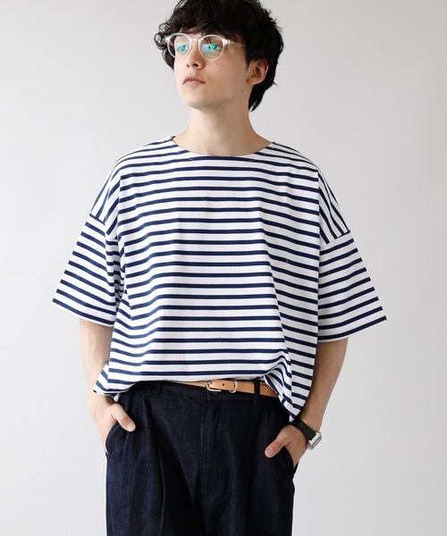 RAGEBLUE（レイジブルー）の「マリンボーダー/サイドスリットビッグTシャツ/949576（Tシャツ/カットソー・メンズ・ベージュ/ホワイト×ネイビー・MEDIUM/LARGE）」の2枚目の写真