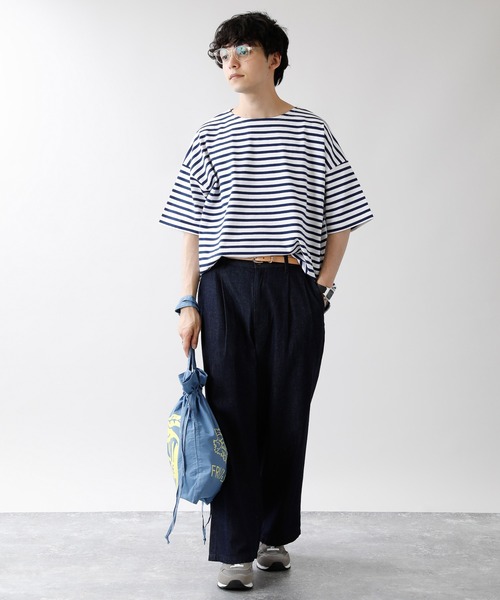 RAGEBLUE（レイジブルー）の「マリンボーダー/サイドスリットビッグTシャツ/949576（Tシャツ/カットソー・メンズ・ベージュ/ホワイト×ネイビー・MEDIUM/LARGE）」の3枚目の写真