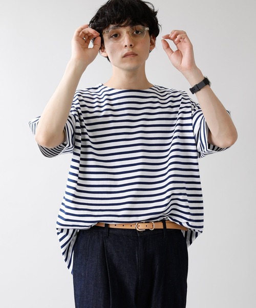 RAGEBLUE（レイジブルー）の「マリンボーダー/サイドスリットビッグTシャツ/949576（Tシャツ/カットソー・メンズ・ベージュ/ホワイト×ネイビー・MEDIUM/LARGE）」の4枚目の写真