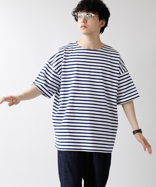 RAGEBLUE（レイジブルー）の「マリンボーダー/サイドスリットビッグTシャツ/949576（Tシャツ/カットソー・メンズ・ベージュ/ホワイト×ネイビー・MEDIUM/LARGE）」の6枚目の写真