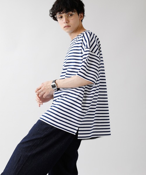 RAGEBLUE（レイジブルー）の「マリンボーダー/サイドスリットビッグTシャツ/949576（Tシャツ/カットソー・メンズ・ベージュ/ホワイト×ネイビー・MEDIUM/LARGE）」の7枚目の写真