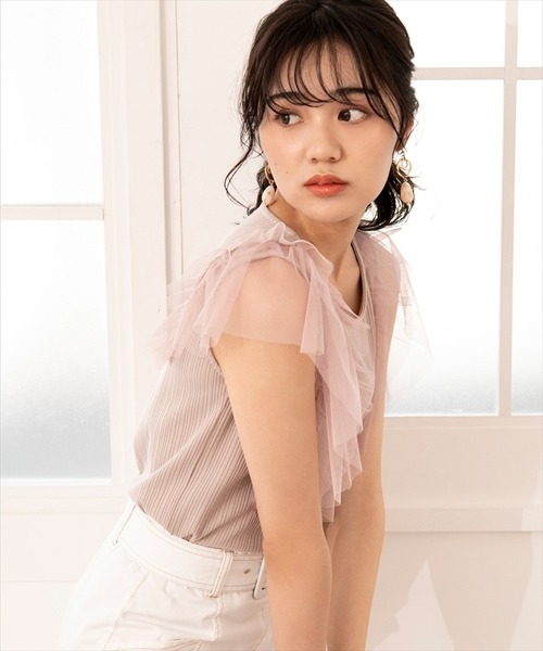 WILLSELECTION（ウィルセレクション）の「チュールラッフルリブトップス（Tシャツ/カットソー・レディース・ブラック/ベージュ/オフホワイト・MEDIUM）」の3枚目の写真