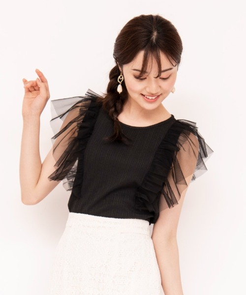 WILLSELECTION（ウィルセレクション）の「チュールラッフルリブトップス（Tシャツ/カットソー・レディース・ブラック/ベージュ/オフホワイト・MEDIUM）」の2枚目の写真