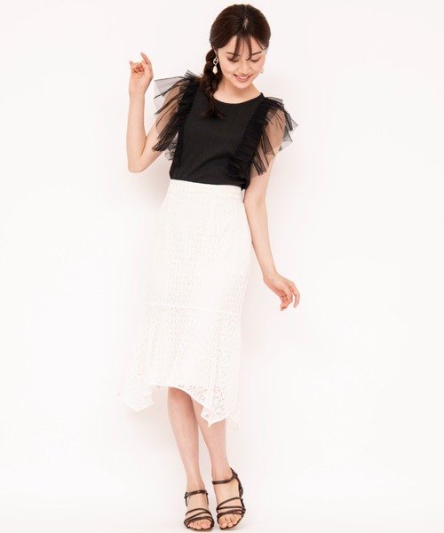 WILLSELECTION（ウィルセレクション）の「チュールラッフルリブトップス（Tシャツ/カットソー・レディース・ブラック/ベージュ/オフホワイト・MEDIUM）」の5枚目の写真