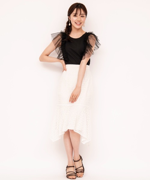 WILLSELECTION（ウィルセレクション）の「チュールラッフルリブトップス（Tシャツ/カットソー・レディース・ブラック/ベージュ/オフホワイト・MEDIUM）」の6枚目の写真