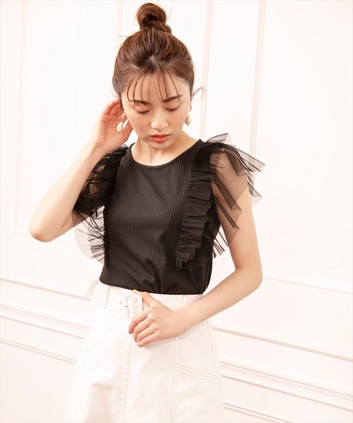WILLSELECTION（ウィルセレクション）の「チュールラッフルリブトップス（Tシャツ/カットソー・レディース・ブラック/ベージュ/オフホワイト・MEDIUM）」の7枚目の写真