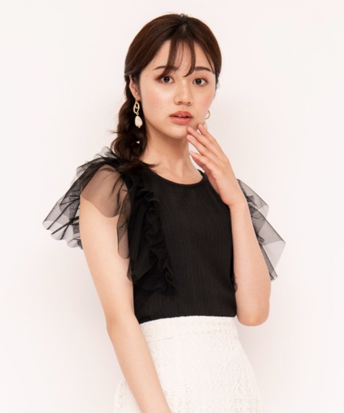 WILLSELECTION（ウィルセレクション）の「チュールラッフルリブトップス（Tシャツ/カットソー・レディース・ブラック/ベージュ/オフホワイト・MEDIUM）」の4枚目の写真