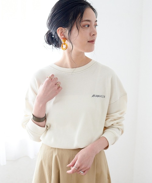 KANGOL EXTRA COMFORT（カンゴールエクストラコンフォート）の「バイカラー(配色)ステッチ　ワッフルラウンドヘムロンT（Tシャツ/カットソー・レディース・ブラック/ベージュ/ブルーグレー/モカ・LL/M/L）」の20枚目の写真