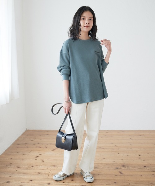 KANGOL EXTRA COMFORT（カンゴールエクストラコンフォート）の「バイカラー(配色)ステッチ　ワッフルラウンドヘムロンT（Tシャツ/カットソー・レディース・ブラック/ベージュ/ブルーグレー/モカ・LL/M/L）」の9枚目の写真