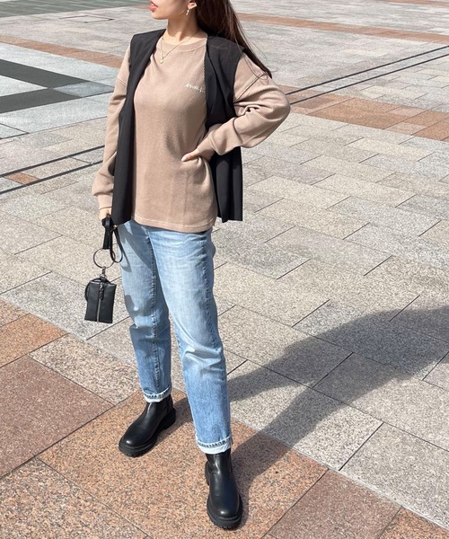 KANGOL EXTRA COMFORT（カンゴールエクストラコンフォート）の「バイカラー(配色)ステッチ　ワッフルラウンドヘムロンT（Tシャツ/カットソー・レディース・ブラック/ベージュ/ブルーグレー/モカ・LL/M/L）」の22枚目の写真