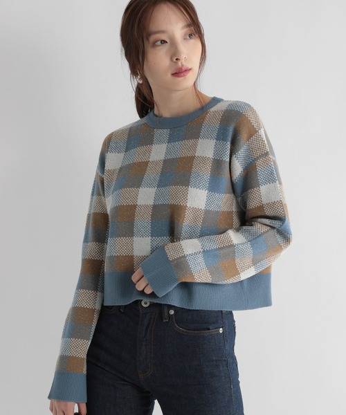 Andemiu（アンデミュウ）の「チェックジャカードニット227901（ニット/セーター・レディース・ブルー/ボルドー/ブラック・FREE）」の4枚目の写真